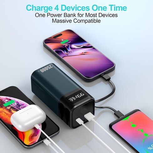 بنك طاقة بقدرة 25000 مللي أمبير في الساعة، شاحن محمول، بطارية سيارة متطابقة 4680، كابل USB-C للشحن السريع مدمج مع 4 منافذ PD 22.5 وات كحد أقصى لسلسلة iPhone 15 وiPad وDell وSamsung وغيرها in Saudi Arabia
