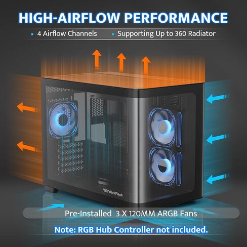 darkFlash Micro-ATX Gaming PC Case, MATX PC Case with 3 x 120mm ARGB Fans, Panoramic View Dual Tempered Curve Glass Computer Case, USB 3.0 Port, Supports Dual 360mm AIO, Black(DPW90M) in Saudi Arabia