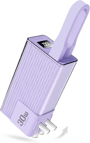 Miady PD 30W Portable Charger with Foldable Wall Plug, 10000mAh Fast Charging Power Bank with USB-C Cable & LED Display Small Battery Pack Compatible with iPhone 16/15/14 Samsung iPad etc (Purple) in Saudi Arabia