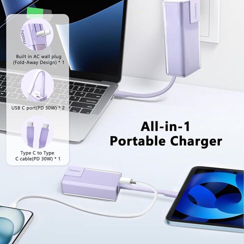 Miady PD 30W Portable Charger with Foldable Wall Plug, 10000mAh Fast Charging Power Bank with USB-C Cable & LED Display Small Battery Pack Compatible with iPhone 16/15/14 Samsung iPad etc (Purple) in Saudi Arabia