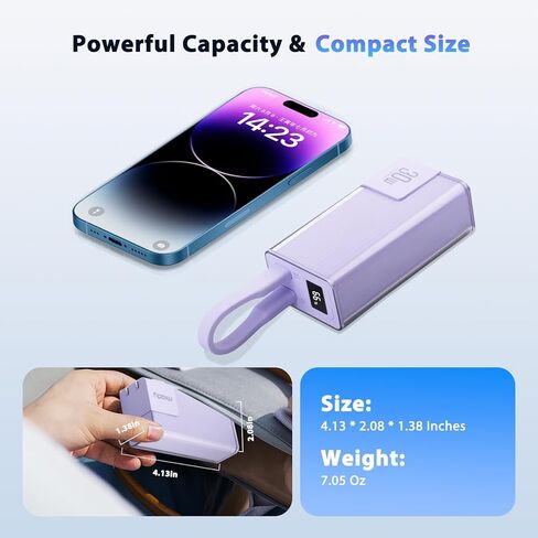 Miady PD 30W Portable Charger with Foldable Wall Plug, 10000mAh Fast Charging Power Bank with USB-C Cable & LED Display Small Battery Pack Compatible with iPhone 16/15/14 Samsung iPad etc (Purple) in Saudi Arabia