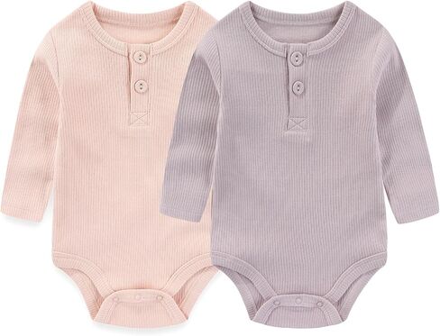 Baby Girls' Long-Sleeve Bodysuit Soft Stretchy Ribbed Unisex Baby Clothes, Pack of 2 in Saudi Arabia