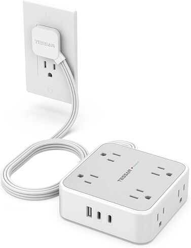 Surge Protector Power Strip, TESSAN Flat Plug Extension Cord with Multiple Outlets, 8 AC Outlets, 3 USB Ports(2 USB C), 5 Ft, 900 Joules Protection, 3-Sided Charging Station for Home Office Dorm Room in Saudi Arabia