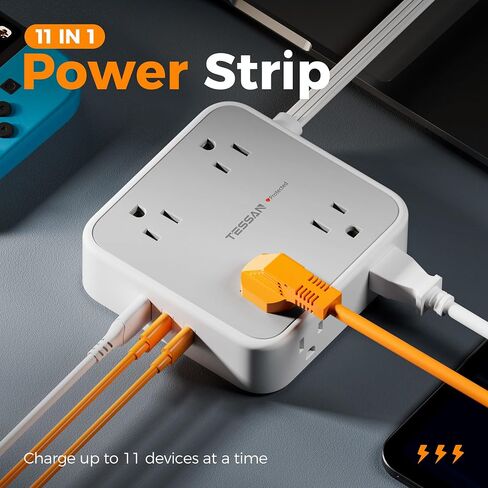 Surge Protector Power Strip, TESSAN Flat Plug Extension Cord with Multiple Outlets, 8 AC Outlets, 3 USB Ports(2 USB C), 5 Ft, 900 Joules Protection, 3-Sided Charging Station for Home Office Dorm Room in Saudi Arabia
