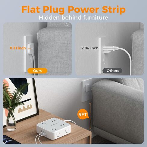 Surge Protector Power Strip, TESSAN Flat Plug Extension Cord with Multiple Outlets, 8 AC Outlets, 3 USB Ports(2 USB C), 5 Ft, 900 Joules Protection, 3-Sided Charging Station for Home Office Dorm Room in Saudi Arabia