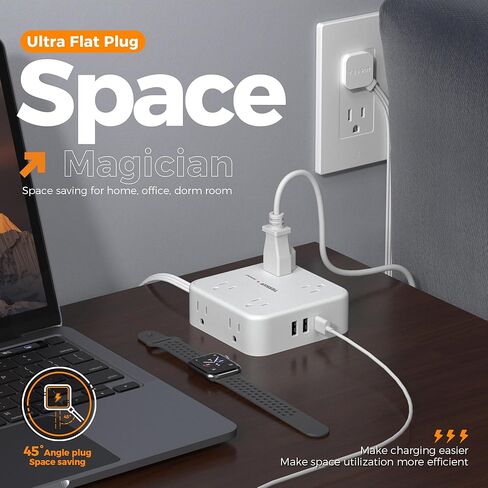 Surge Protector Power Strip, TESSAN Flat Plug Extension Cord with Multiple Outlets, 8 AC Outlets, 3 USB Ports(2 USB C), 5 Ft, 900 Joules Protection, 3-Sided Charging Station for Home Office Dorm Room in Saudi Arabia