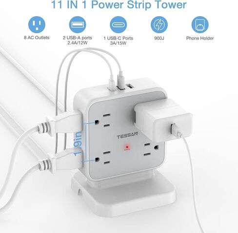 Surge Protector Power Strip, TESSAN Flat Plug Extension Cord with Multiple Outlets, 8 AC Outlets, 3 USB Ports(2 USB C), 5 Ft, 900 Joules Protection, 3-Sided Charging Station for Home Office Dorm Room in Saudi Arabia