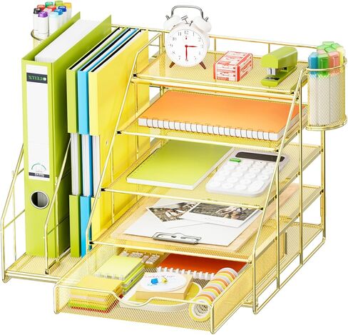 Marbrasse Desk Organizer with File Holder, 5-Tier Desk Organizers and Accessories with Drawer and 2 Pen Holder, Mesh Paper Letter Tray, Desktop Organizer and Storage for Office Supplies (Rose Gold) in Saudi Arabia