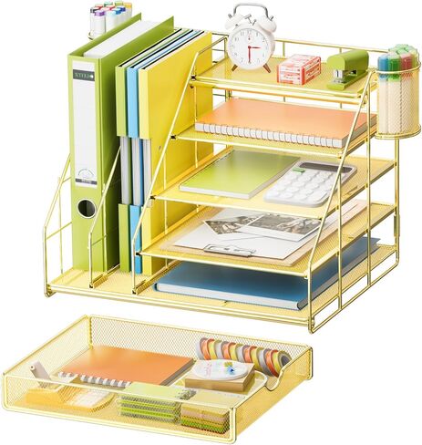 Marbrasse Desk Organizer with File Holder, 5-Tier Desk Organizers and Accessories with Drawer and 2 Pen Holder, Mesh Paper Letter Tray, Desktop Organizer and Storage for Office Supplies (Rose Gold) in Saudi Arabia