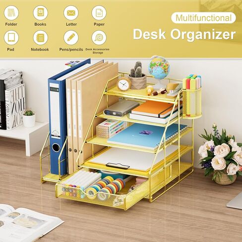 Marbrasse Desk Organizer with File Holder, 5-Tier Desk Organizers and Accessories with Drawer and 2 Pen Holder, Mesh Paper Letter Tray, Desktop Organizer and Storage for Office Supplies (Rose Gold) in Saudi Arabia