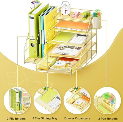 Marbrasse Desk Organizer with File Holder, 5-Tier Desk Organizers and Accessories with Drawer and 2 Pen Holder, Mesh Paper Letter Tray, Desktop Organizer and Storage for Office Supplies (Rose Gold) in Saudi Arabia