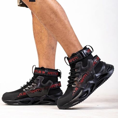 Steel Toe Shoes for Men Women Lightweight Work Sneakers Slip On Tennis Slip Resistant Comfortable Casual Breathable Composite Toe Non Slip Safety Shoes for Working Black-red in Saudi Arabia