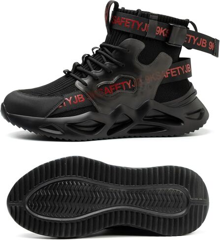 Steel Toe Shoes for Men Women Lightweight Work Sneakers Slip On Tennis Slip Resistant Comfortable Casual Breathable Composite Toe Non Slip Safety Shoes for Working Black-red in Saudi Arabia