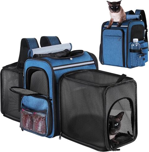 حقيبة ظهر Groxkox Cat Carrier حقيبة ظهر لحمل الحيوانات الأليفة، حقيبة ظهر لحمل الكلاب شبكية ناعمة الجوانب قابلة للتنفس للقطط والكلاب والجراء حتى 20 رطلاً، جانب مزدوج قابل للتوسيع حتى 17 × 13.5 × 36 بوصة in Kuwait