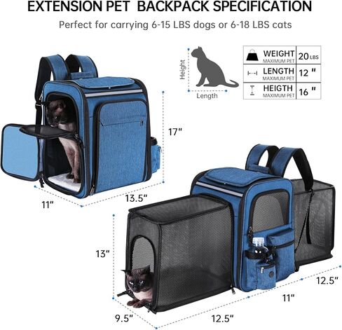 حقيبة ظهر Groxkox Cat Carrier حقيبة ظهر لحمل الحيوانات الأليفة، حقيبة ظهر لحمل الكلاب شبكية ناعمة الجوانب قابلة للتنفس للقطط والكلاب والجراء حتى 20 رطلاً، جانب مزدوج قابل للتوسيع حتى 17 × 13.5 × 36 بوصة in Kuwait