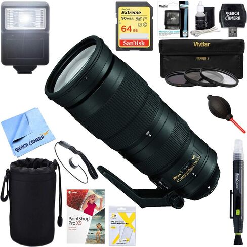 نيكون (20058 200-500 ملم f/5.6E ED VR AF-S NIKKOR عدسة تكبير كاميرات SLR رقمية + حزمة تصوير فلاش ومرشح نهائي 64 جيجا بايت) in Saudi Arabia