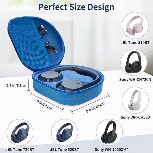 حافظة لهاتف Sony WH-CH520 WH-CH720N WH-1000XM4 WH-CH510، JBL Tune 510BT 520BT 720BT 710BT سماعات رأس لاسلكية بخاصية إلغاء الضوضاء، حقيبة سفر تحمل غطاء مع دعم داخلي قابل للإزالة (أسود) in Kuwait