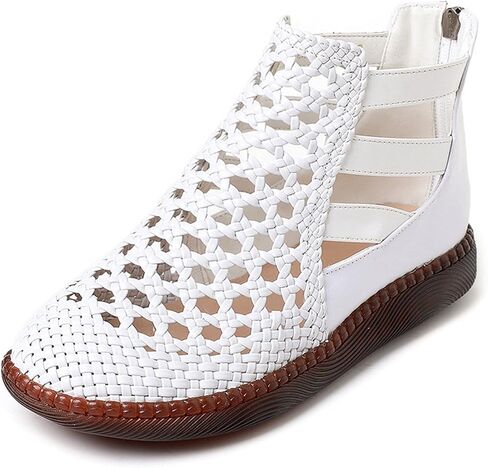 Women's Genuine Leather Braided Cutout High Top Flat Sandals Retro Round Toe Back Zipper Beef Tendon Sole Hollow Ankle Boots Comfortable Breathable Casual Sandals in Saudi Arabia