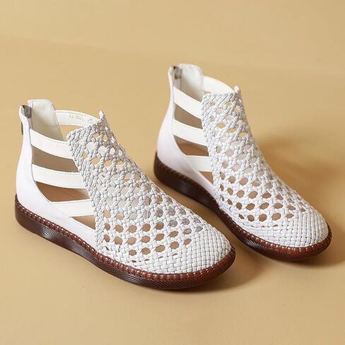 Women's Genuine Leather Braided Cutout High Top Flat Sandals Retro Round Toe Back Zipper Beef Tendon Sole Hollow Ankle Boots Comfortable Breathable Casual Sandals in Saudi Arabia