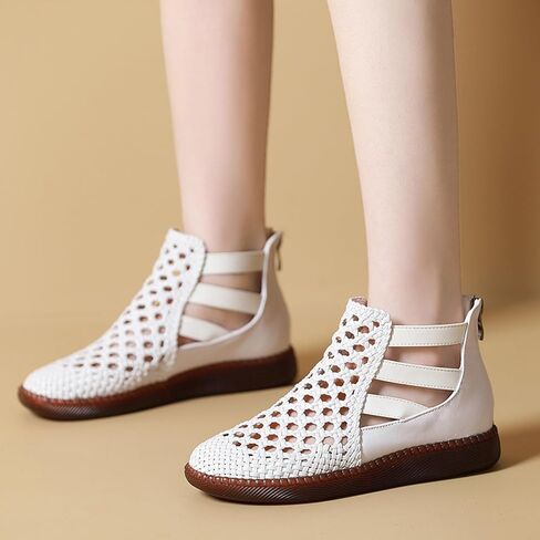Women's Genuine Leather Braided Cutout High Top Flat Sandals Retro Round Toe Back Zipper Beef Tendon Sole Hollow Ankle Boots Comfortable Breathable Casual Sandals in Saudi Arabia