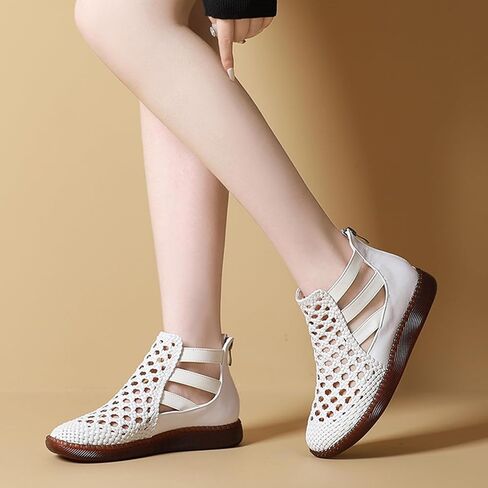 Women's Genuine Leather Braided Cutout High Top Flat Sandals Retro Round Toe Back Zipper Beef Tendon Sole Hollow Ankle Boots Comfortable Breathable Casual Sandals in Saudi Arabia