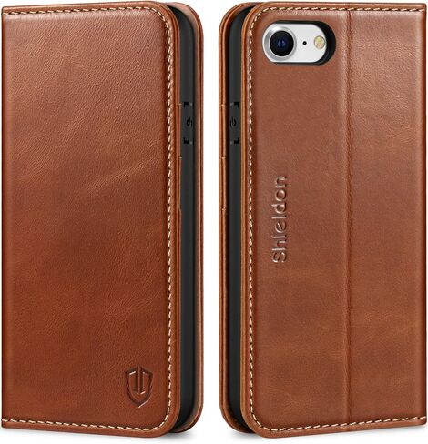 SHIELDON Wallet Case for iPhone SE 2022/2020, Genuine Leather Folio Case Magnetic Shock Absorbing Case Credit Card Holder Kickstand Compatible with iPhone 8/7 4.7" - Retro Brown in Saudi Arabia