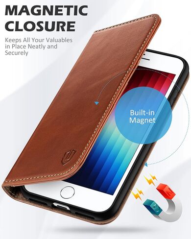 SHIELDON Wallet Case for iPhone SE 2022/2020, Genuine Leather Folio Case Magnetic Shock Absorbing Case Credit Card Holder Kickstand Compatible with iPhone 8/7 4.7" - Retro Brown in Saudi Arabia