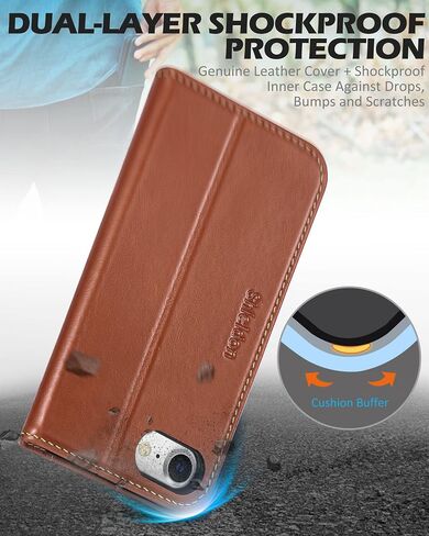 SHIELDON Wallet Case for iPhone SE 2022/2020, Genuine Leather Folio Case Magnetic Shock Absorbing Case Credit Card Holder Kickstand Compatible with iPhone 8/7 4.7" - Retro Brown in Saudi Arabia