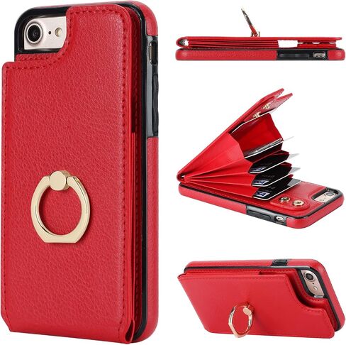 حافظة محفظة Folosu لهاتف iPhone SE(2022) iPhone SE(2020) iPhone 7/8 مع حامل بطاقة، حامل حلقي يدور 360 درجة، مسند واقٍ من RFID يحجب غطاء من جلد البولي يوريثان مقاوم للصدمات 4.7 بوصة أحمر in Kuwait