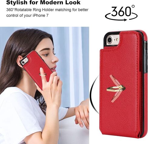 حافظة محفظة Folosu لهاتف iPhone SE(2022) iPhone SE(2020) iPhone 7/8 مع حامل بطاقة، حامل حلقي يدور 360 درجة، مسند واقٍ من RFID يحجب غطاء من جلد البولي يوريثان مقاوم للصدمات 4.7 بوصة أحمر in Kuwait