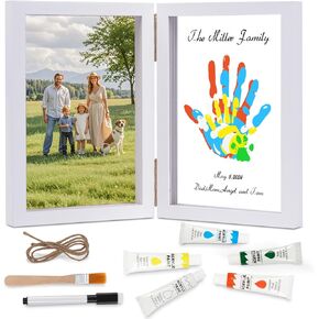 Family Handprint Kit, DIY Baby Hand and Footprint Handmade Keepsake Wooden Frame, Family Gifts with 5 Non-Toxic Baby-Safe Paint, Ideas Gift for New Parents Couple Friends