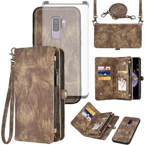 Asuwish Phone Case for Samsung Galaxy S9 Plus Zipper Wallet Magnetic Detachable Cell Cover with Tempered Glass Screen Protector Crossbody Strap Flip Card Holder S9+ 9S 9+ S 9 9plus S9plus Women Black