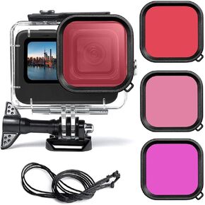 Waterproof Case with Dive Filters for GoPro Hero 12 Hero 11 Hero 10 Hero 9 Black Action Camera, 196FT/60M Protective Underwater Housing Case Shell, Dive Kit GoPro Accessories