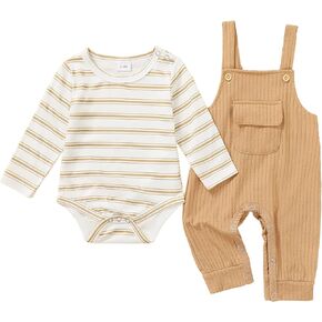 CARETOO Newborn Baby Boy Clothes Infant Boy Romper Fall Winter Outfits Bodysuit 2Pcs Striped Long Sleeve Top Overalls 0-18M in Saudi Arabia