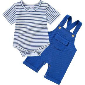 CARETOO Newborn Baby Boy Clothes Infant Boy Romper Fall Winter Outfits Bodysuit 2Pcs Striped Long Sleeve Top Overalls 0-18M
