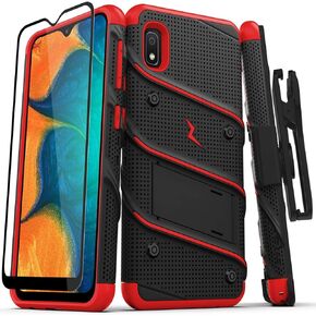 ZIZO Bolt Series for Samsung Galaxy A10e Case | Heavy-Duty Military-Grade Drop Protection w/ Kickstand Included Belt Clip Holster Tempered Glass Lanyard (Black/Red)