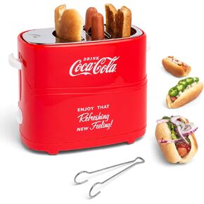 Nostalgia Coca-Cola Hot Dog Toaster - 2 Slot Bun Mini Tongs - Works with Chicken, Turkey, Veggie Links, Sausages and Brats - Coke Red