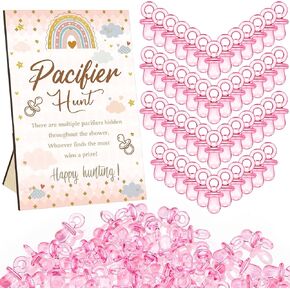 Thyle 51 Pcs Boho Baby Shower Games Include Boho Baby Pacifier Hunt Sign and 50 Acrylic Baby Pacifiers Mini Pacifiers for Rainbow Theme Baby Shower Game Gift Sets for Baby Gender Reveal