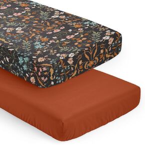 Sweet Jojo Designs Boho Wildflower Vintage Floral Girl Baby Fitted Crib Sheet Set Newborn Nursery Toddler Bed Standard Mattress 2p Solid Rust Orange and Black Teal Bohemian Farmhouse Leaf Cottagecore