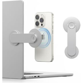 elago Magnetic Laptop Phone Holder Mount Compatible with iPhone 15/14/ 13/12 MagSafe, Adjustable Phone Monitor Side Mount, Slim, Portable, Foldable, Compatible with MacBook (Silver)