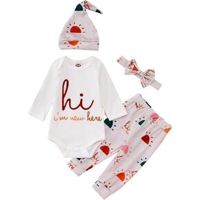 CM C&M WODRO Newborn Infant Girl Clothes Baby Coming Home Hospital Outfit I'm New Here Bodysuit Romper Pants Hat Headband