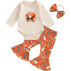 Baby Girl Western Halloween Outfits Long Sleeve Howdy Pumpkin Romper Printed Flare Pants Headband Winter Clothes