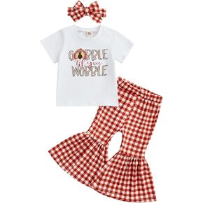 Toddler Baby Girl Thanksgiving Clothes Letters Print Short Sleeve T-Shirt Flared Pants Set Bell Bottoms Outfits