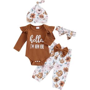 Newborn Baby Girl Outfits Hello Long Sleeve Rib Knit Romper Floral Pant Coming Home Fall Winter Clothes Outfit