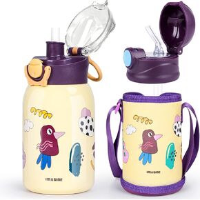 Kids Water Bottle 16oz Insulated Water Bottle for Kids, Kids Inuslated Sport Water Bottle With Straw Lid,Two Lids Stainless Steel Water Bottles,Water Bottle Kids with Bottle Cover and Strap(Yellow)