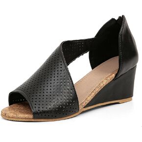 getmorebeauty Women's Side Cutout Wedge Sandals Back Zipper Open Toe Slides Breathable Hollow Mid Heel Summer Shoes