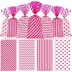 Whaline 160Pcs Sage Green Cellophane Treat Bags Stripe Wave Dot Plastic Gift Bags Candy Goodie Bags with Twist Ties for Birthday Wedding Party Cookie Snack Packing Supplies, 5.1 x 10.6 Inch