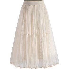 Summer Elegant Pleated Solid Elastic Waist Tulle Patchwork Flare Women Midi Skirt