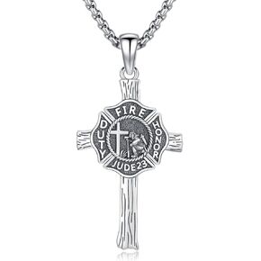 SIMONLY 925 Sterling Silver Firefighter Necklace Cross Pendant Necklace Fire Dept Firefighter Cross Protector Jewelry Gifts for Men Fathers Day