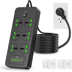 Flat Plug Extension Cord, Power Strip with 6 Universal Outlets 4 USB 2 USB C Ports, 3.1A Fast Charge，Overload Protection, 3000w, 110-240v, Outlet Extender for Home Office Overseas Travel Essentials